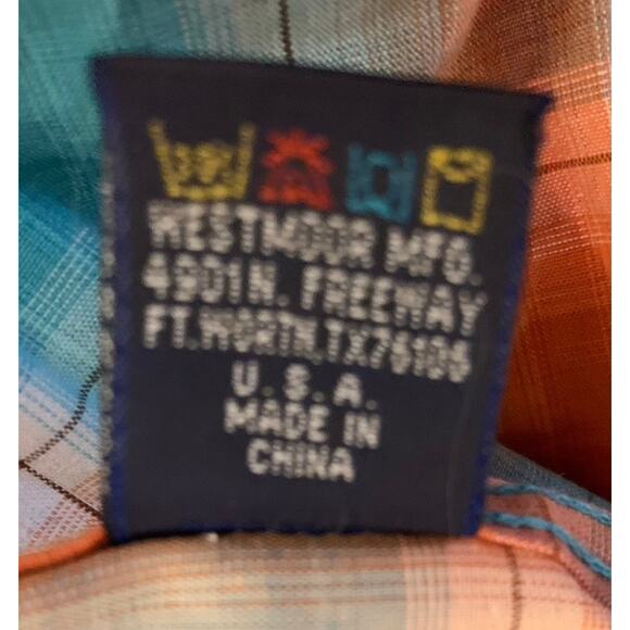 Western Shirt Large Pearl Snap Cowboy Rodeo Orange Blue Plaid Panhandle Slim - Picture 4 of 11